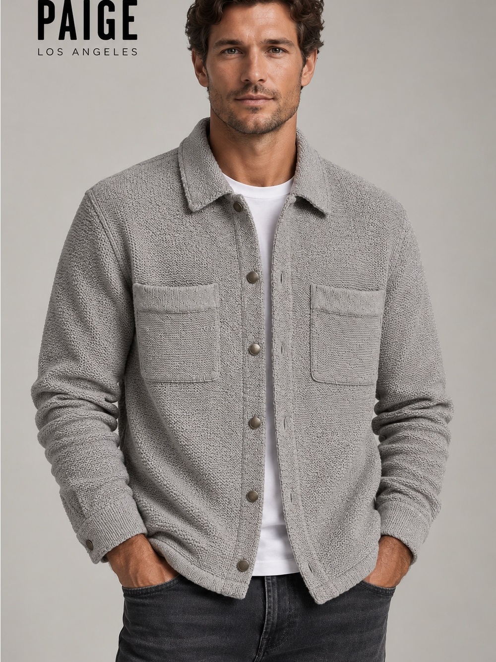 PAIGE Mens Light Gray Textured Boucle Knit Button Front Shirt Jacket Shacket M